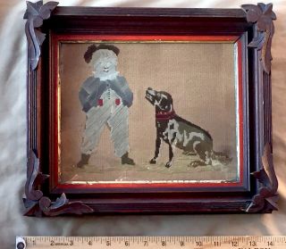 1800’s Antique Victorian Embroidery Picture Of Boy & Dog,  In Frame W Wavy Glass