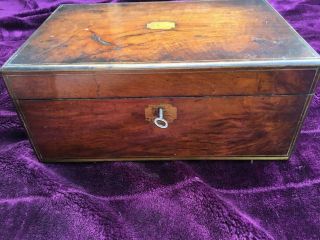 Antique Brass Inlaid Mahogany Writing Slope With Inkwells & Secret Draw