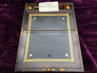 Antique Brass Inlaid Mahogany Writing Slope With Inkwells & Secret Draw 2