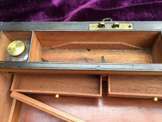Antique Brass Inlaid Mahogany Writing Slope With Inkwells & Secret Draw 8