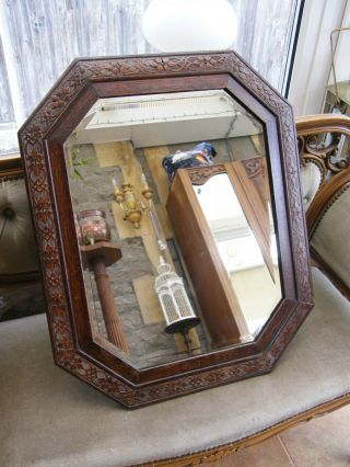 Antique - Ornate Carved Oak Hall Mirror With Bevelled Looking Glass - C1915
