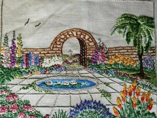 Vintage Hand Embroidered 1930s Linen Country Garden Pond Floral Panel