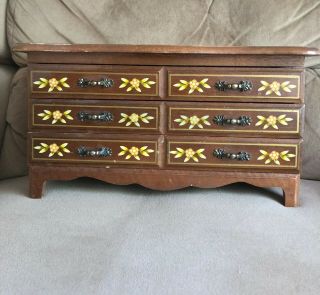 Antique,  Wooden,  Hand - Painted Jewelry Box,  With Brass Drawer Knobs