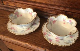 Antique French Haviland Limoges Set Of 3 Gilt Ramekins Cups Soup Bowls Roses