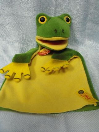 Vintage Steiff Velve Froggy Hand Puppet,  11 " Long,  Chest & Button Tags
