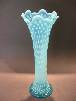 Antique Northwood Art Glass Blue Opalescent Diamond Point Stretch Vase Vintage