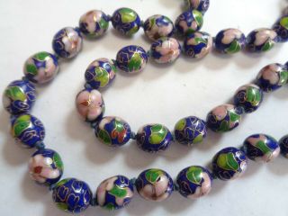 Antique Chinese Hand Knotted Blue Flower Enamel Cloisonne Glass Beaded Necklace