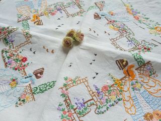 Vintage Hand Embroidered Linen Tablecloth With Crinoline Ladies