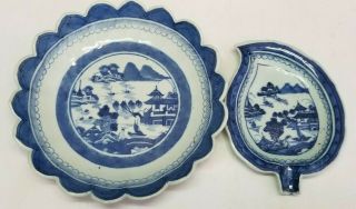 Antique Chinese Export Canton Blue & White Porcelain Scalloped Plate & Leaf Dish