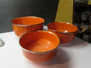 Vintage Set Mid Century Modern Enamel Bowls Orange Color