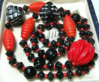 Vintage Antique Czech Art Deco Max Neiger Glass Carved Beads Black Red Necklace