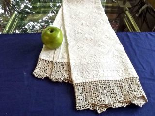 Antique Art Deco Textile Hand Woven Textured Bath Show Towel Crochet Trim 22x46