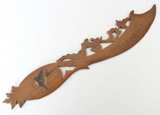 Antique Hand Carved Olive Wood Souvenir Letter Opener Inlaid Swallow Swift Treen