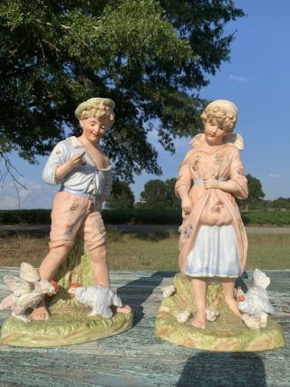 Antique Heubach Gebruder Figurines Huge Man Woman Chickens Sunburst Marking