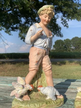 Antique Heubach Gebruder figurines Huge Man Woman Chickens Sunburst Marking 3