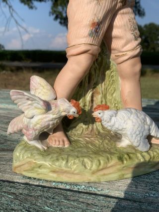 Antique Heubach Gebruder figurines Huge Man Woman Chickens Sunburst Marking 7