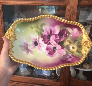 Antique French Limoges Hand Painted Clematis Oval Bowl Gold Gilt Paint