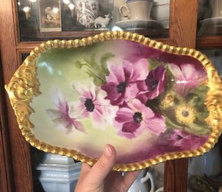 Antique French Limoges Hand Painted Clematis Oval Bowl Gold Gilt Paint 2