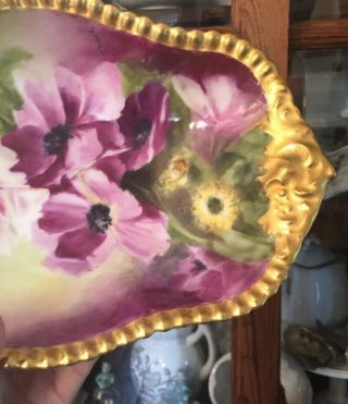 Antique French Limoges Hand Painted Clematis Oval Bowl Gold Gilt Paint 3