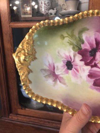 Antique French Limoges Hand Painted Clematis Oval Bowl Gold Gilt Paint 4