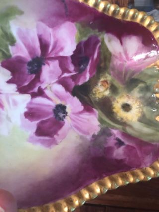 Antique French Limoges Hand Painted Clematis Oval Bowl Gold Gilt Paint 7