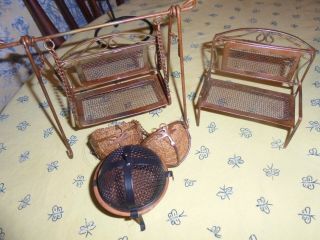 Vintage 4pc Metal Dollhouse Porch Furniture Swing Settee 2hanging Baskets Fire P
