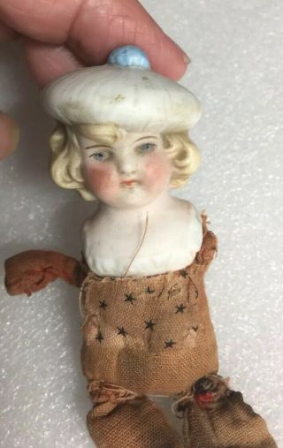 Antique Bisque Half Doll Blonde Hair With Hat Girl Or Boy
