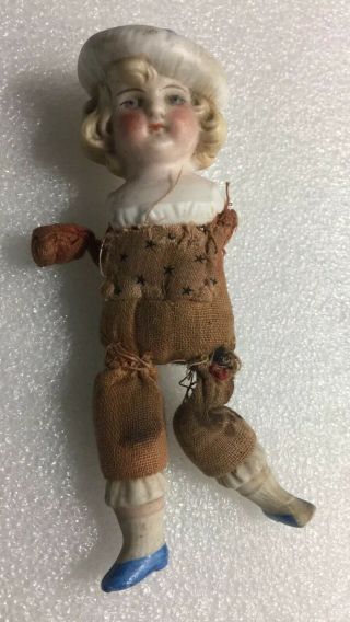 Antique Bisque Half Doll Blonde Hair with Hat Girl Or Boy 2