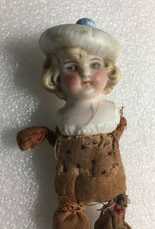 Antique Bisque Half Doll Blonde Hair with Hat Girl Or Boy 3