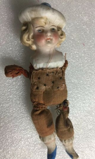 Antique Bisque Half Doll Blonde Hair with Hat Girl Or Boy 6