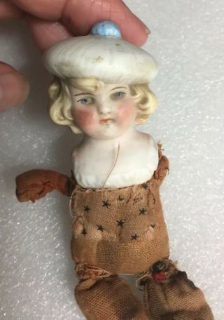 Antique Bisque Half Doll Blonde Hair with Hat Girl Or Boy 7