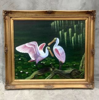 25” X 29” Framed Oil Painting Of Pink Spoonbills Birds Antique Style