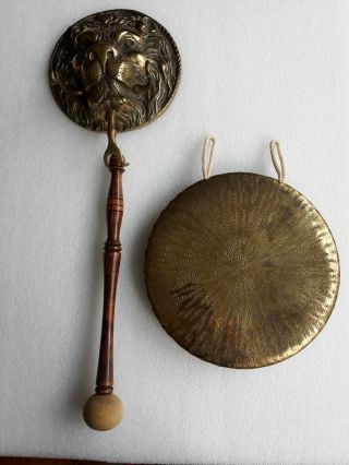 Antique Brass Gong With Lion Head Hanging Mount And Mallet