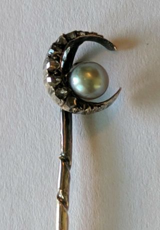 Antique Victorian 10k Solid Gold Diamond Pearl Crescent Moon Stick Pin