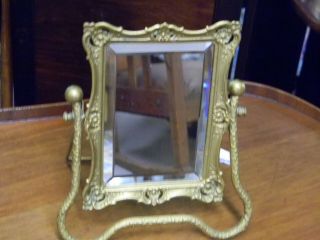 Antique Brass Framed Art Deco Beveled Glass Mirror Dresser Vanity Table