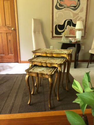 Vtg Italian Florentine 3 Nesting Tables Hollywood Regency Gold Gilt Mid Century