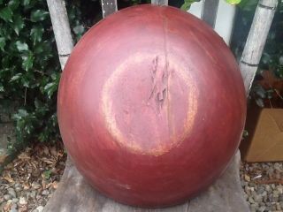 Early Primitive Wooden Hand Turned Bowl Old Red Paint Old Repair Out Of Round