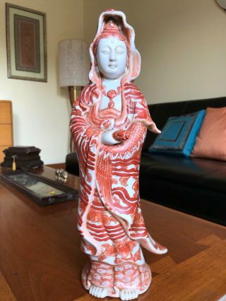 Antique Guanyin Figure Chinese Porcelain Statue Copper Red Symbols Marks Rooster