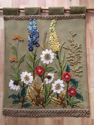 Vintage Fabric Wall Hanging / Botanical Embroidery / Antique Sampler / Tapestry