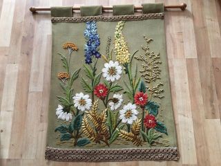 Vintage Fabric Wall Hanging / Botanical Embroidery / Antique Sampler / Tapestry 4