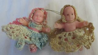 2 Vintage Miniature Dollhouse Baby Dolls In Crocheted Clothing