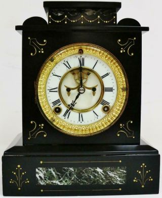 Antique American Ansonia 8day Engraved Slate & Marble Gong Striking Mantel Clock