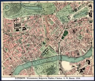 Antique Map London Westminster Belgravia Pimlico Chelsea G.  W.  Bacon 1910
