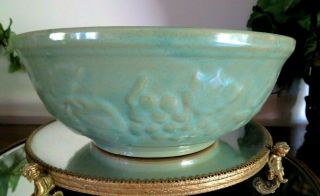 Antique Usa Green Embossed Fruit Yellow Ware Mixing Bowl 3.  5 " T X 9.  75 " D