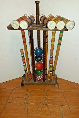 Antique Wood Croquet Mallet Pin Ball Holder Stand Backyard Game Set