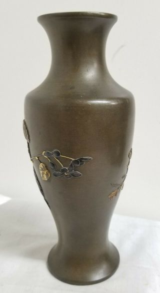 Antique Fine Japanese Meiji Bronze Mixed Metal Inlaid Vase Unsigned Floral Spray 2