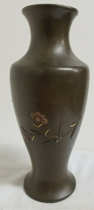 Antique Fine Japanese Meiji Bronze Mixed Metal Inlaid Vase Unsigned Floral Spray 3