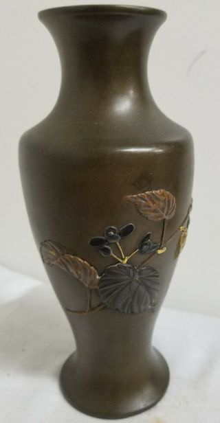 Antique Fine Japanese Meiji Bronze Mixed Metal Inlaid Vase Unsigned Floral Spray 4