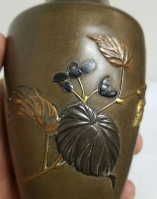 Antique Fine Japanese Meiji Bronze Mixed Metal Inlaid Vase Unsigned Floral Spray 5
