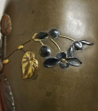 Antique Fine Japanese Meiji Bronze Mixed Metal Inlaid Vase Unsigned Floral Spray 6